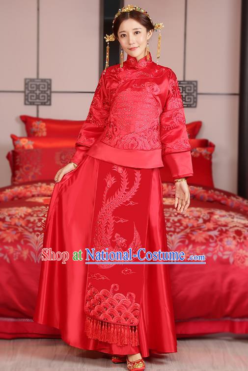 Traditional Ancient Chinese Wedding Costume, China Style Xiuhe Suits Bride Embroidered Paillette Phoenix Clothing for Women