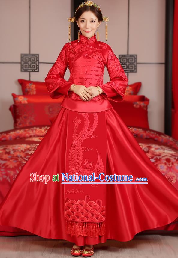 Traditional Ancient Chinese Wedding Costume, China Style Xiuhe Suits Bride Embroidered Phoenix Clothing for Women