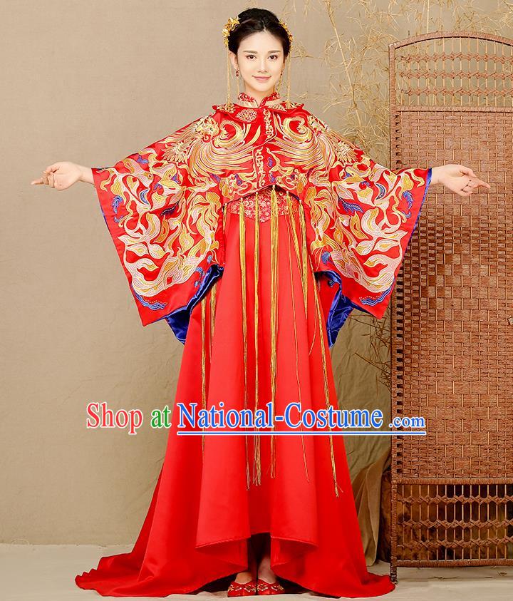 Traditional Chinese Wedding Costume Ancient Bride Embroidered Phoenix Xiuhe Suits Trailing Dress for Women