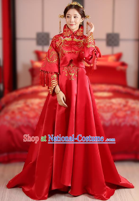 Traditional Chinese Wedding Costume Ancient Bride Trailing Red Dress Embroidered Xiuhe Suits for Women