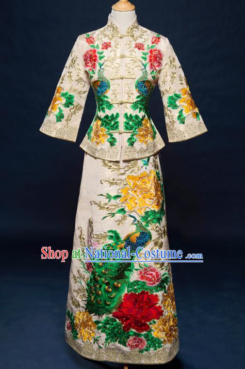 Traditional Chinese Wedding Costume Ancient Bride White Toast Cheongsam Embroidered Xiuhe Suits for Women