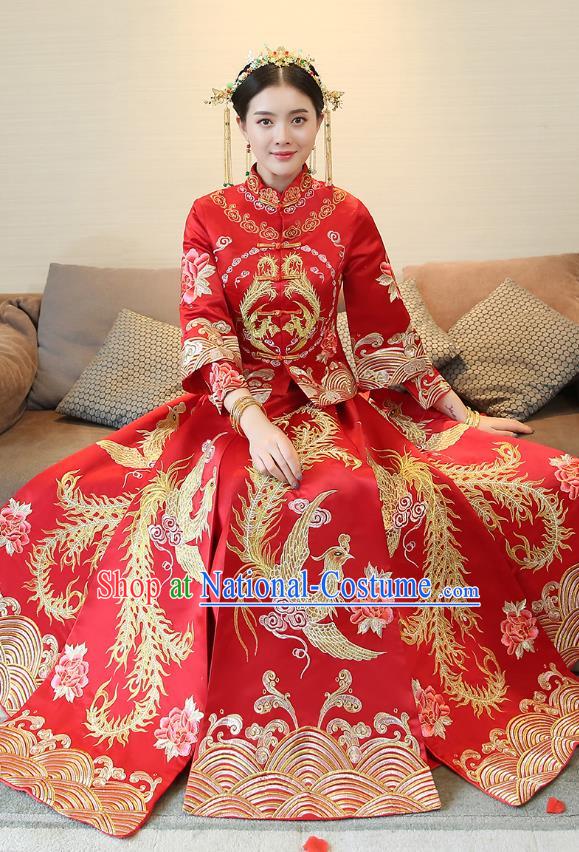 Traditional Chinese Wedding Costume Xiuhe Suit Ancient Bride Embroidered Clothing Phoenix Cheongsam for Women