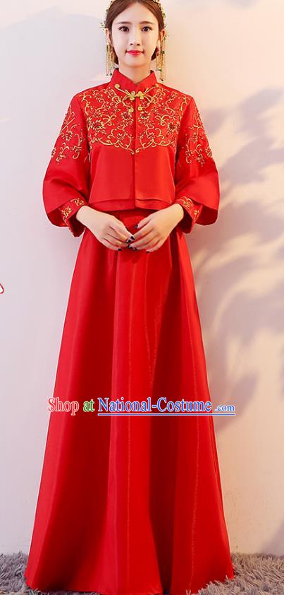 Traditional Chinese Wedding Costume Xiuhe Suit Ancient Bride Embroidered Red Dress Cheongsam for Women