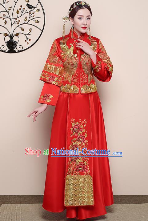 Traditional Chinese Wedding Costume Ancient Bride Embroidered Phoenix Red Xiuhe Suit Clothing for Women