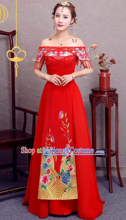 Top Grade Modern Dance Costume Bride Toast Cheongsam Embroidered Xiuhe Suit Dress for Women