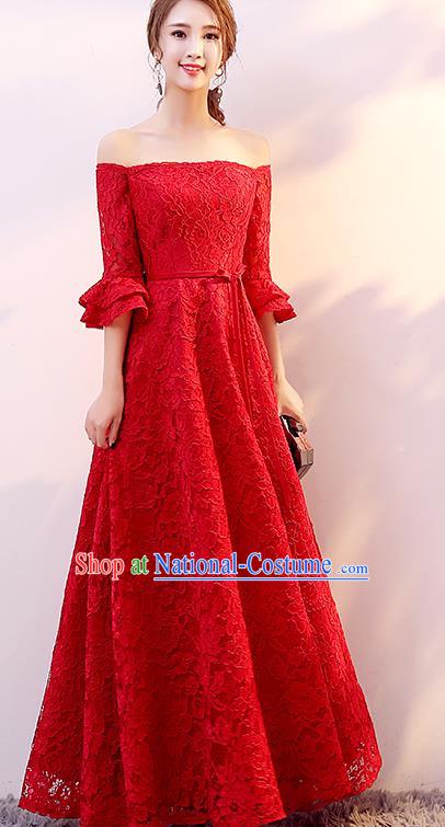 Top Grade Modern Dance Chorus Compere Costume Bride Toast Red Lace Dress for Women