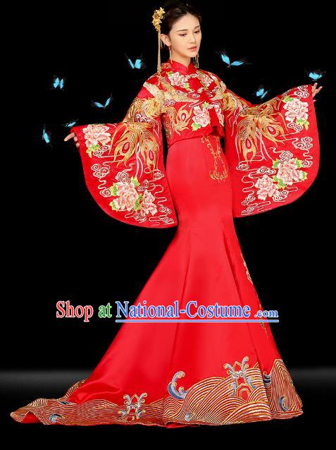 Traditional Ancient Chinese Wedding Costume Bride Embroidered Trailing Cheongsam Xiuhe Suits for Women