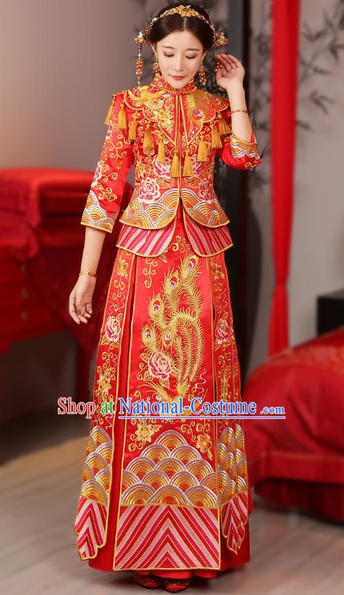 Traditional Chinese Wedding Costume Ancient Bride Embroidered Phoenix Peony Red Xiuhe Suits Dress for Women