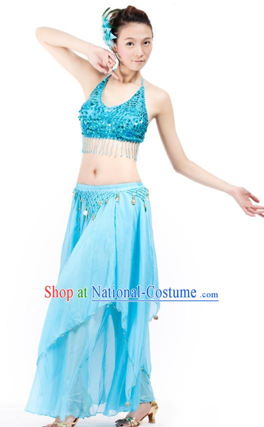 Indian Bollywood Belly Dance Blue Tassel Dress Clothing Asian India Oriental Dance Costume for Women