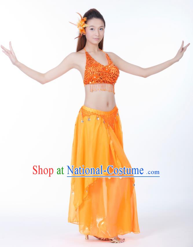 Indian Bollywood Belly Dance Orange Tassel Dress Clothing Asian India Oriental Dance Costume for Women