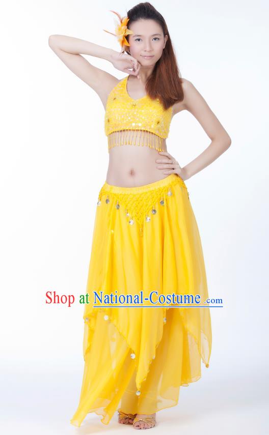 Indian Bollywood Belly Dance Yellow Tassel Dress Clothing Asian India Oriental Dance Costume for Women