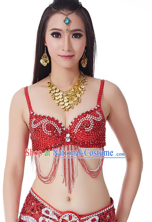 Indian Bollywood Belly Dance Red Tassel Brassiere Asian India Oriental Dance Costume for Women