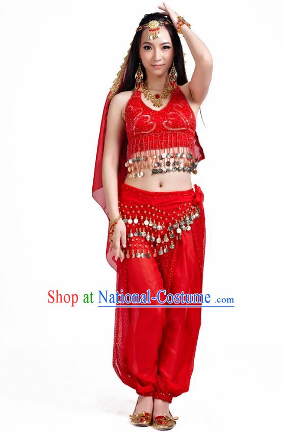 Traditional Indian Belly Dance Sequined Red Dress Asian India Oriental Dance Costume for Women