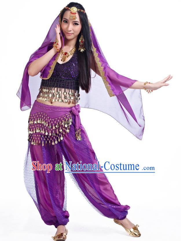 Traditional Indian Belly Dance Sequined Purple Dress Asian India Oriental Dance Costume for Women