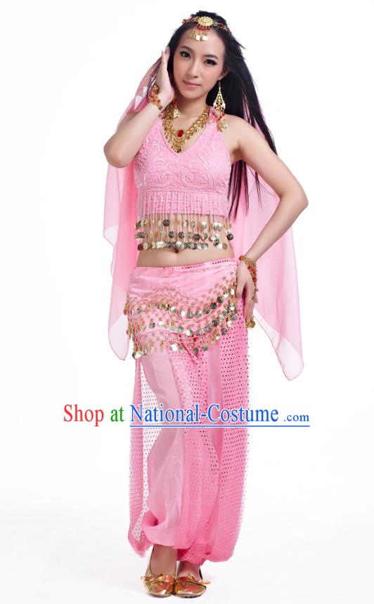 Traditional Indian Belly Dance Sequined Pink Dress Asian India Oriental Dance Costume for Women