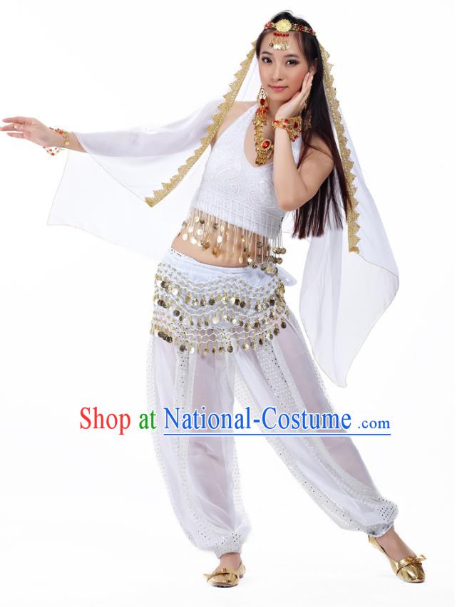 Traditional Indian Belly Dance Sequined White Dress Asian India Oriental Dance Costume for Women