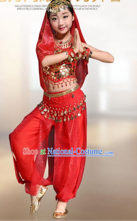 Traditional Indian National Belly Dance Red Clothing India Oriental Dance Costume for Kids