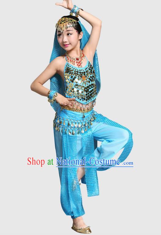 Traditional Indian National Belly Dance Blue Clothing India Oriental Dance Costume for Kids