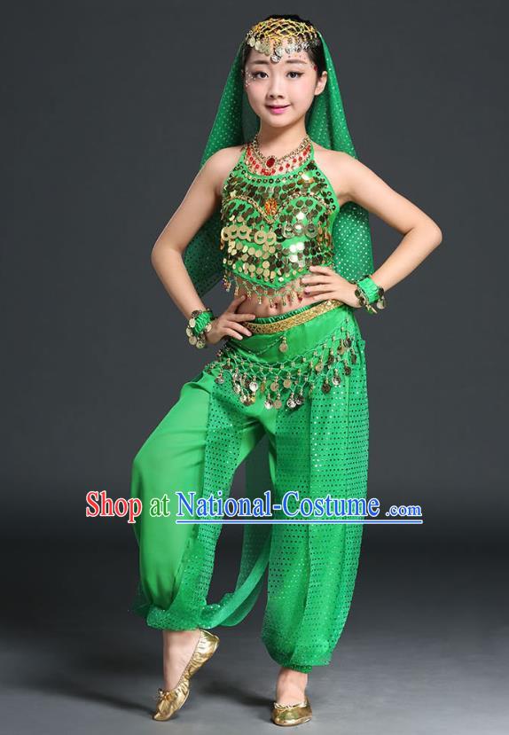 Traditional Indian National Belly Dance Green Clothing India Oriental Dance Costume for Kids