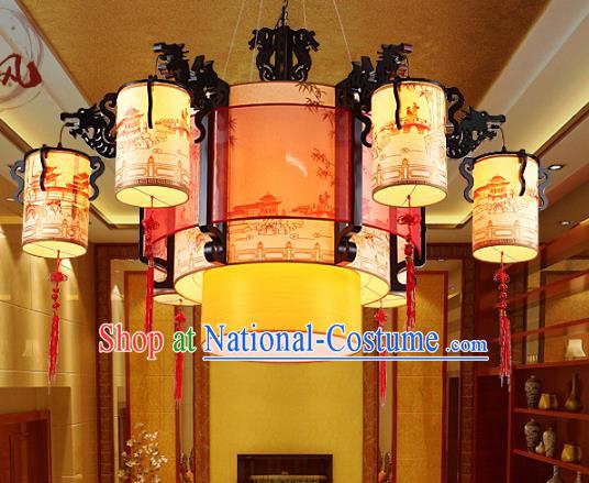 Traditional Chinese Dragon Head Hanging Palace Lanterns Handmade Six-Lights Lantern Ancient Ceiling Lamp