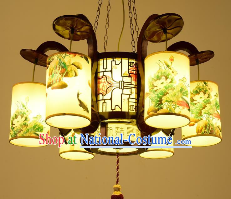 Traditional Chinese Six-Lights Hanging Palace Lanterns Handmade Painted Lantern Ancient Ceiling Lamp