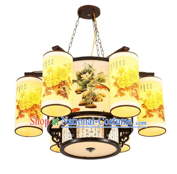 Traditional Chinese Printing Peony Six-lights Ceiling Palace Lanterns Handmade Wood Lantern Ancient Lamp