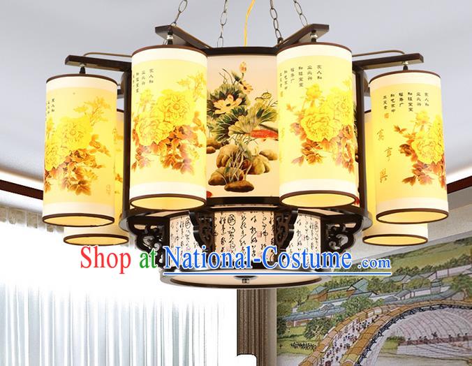 Traditional Chinese Printing Peony Eight-lights Ceiling Palace Lanterns Handmade Wood Lantern Ancient Lamp