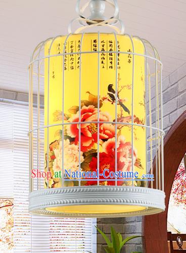 Traditional Chinese Painted Peony Birds Hanging Palace Lanterns Handmade Birdcage Lantern Ancient Ceiling Lamp