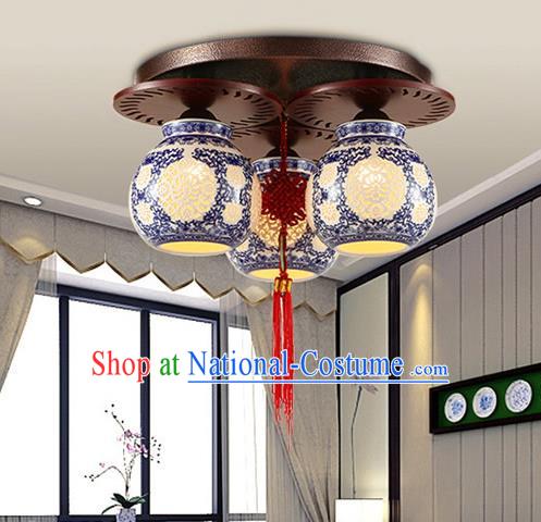 Traditional Chinese Ceiling Palace Lanterns Handmade Pierced Blue Porcelain Lantern Ancient Three-Lights Lamp