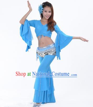 Indian National Belly Dance Mandarin Sleeve Clothing India Oriental Dance Blue Costume for Women