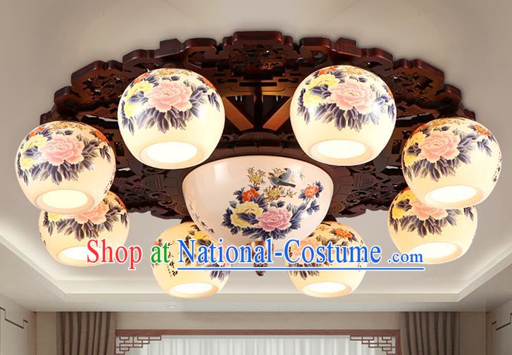 Traditional Chinese Painting Peony Ceiling Palace Lanterns Handmade Eight-Lights Porcelain Lantern Ancient Lamp