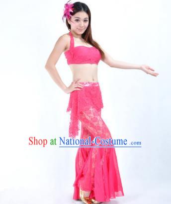 Indian National Belly Dance Rosy Lace Suits Bollywood Oriental Dance Costume for Women