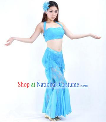 Indian National Belly Dance Blue Lace Suits Bollywood Oriental Dance Costume for Women