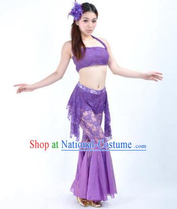 Indian National Belly Dance Purple Lace Suits Bollywood Oriental Dance Costume for Women