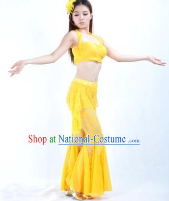 Indian National Belly Dance Yellow Lace Suits Bollywood Oriental Dance Costume for Women