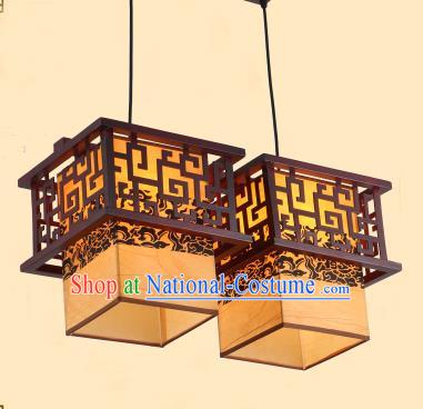 Traditional Chinese Two-Lights Palace Lanterns Handmade Wood Hanging Lantern Ancient Ceiling Lamp