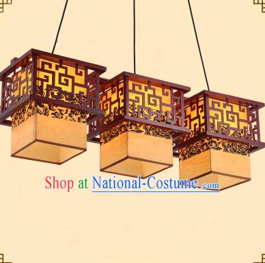 Traditional Chinese Three-Lights Palace Lanterns Handmade Wood Hanging Lantern Ancient Ceiling Lamp