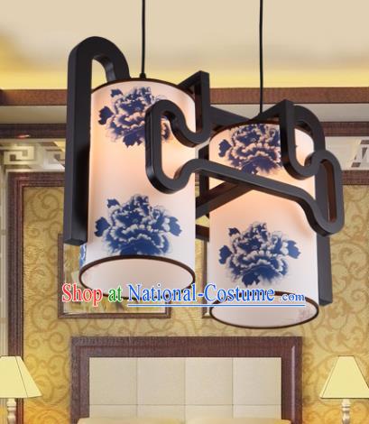 Traditional Chinese Painting Peony Two-Lights Ceiling Palace Lanterns Handmade Wood Hanging Lantern Ancient Lamp