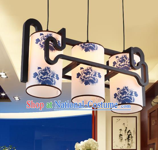 Traditional Chinese Painting Peony Three-Lights Ceiling Palace Lanterns Handmade Wood Hanging Lantern Ancient Lamp