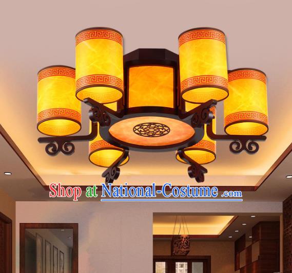 Traditional Chinese Ceiling Palace Lanterns Handmade Six-Lights Wood Hanging Lantern Ancient Lamp