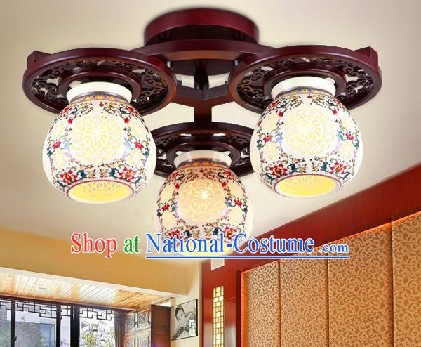 Traditional Chinese Three-Lights Ceiling Palace Lanterns Handmade Porcelain Lantern Ancient Lamp