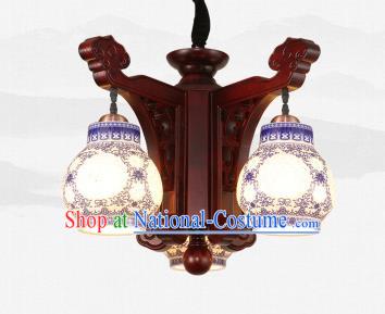 Traditional Chinese Three-Lights Ceiling Wood Palace Lanterns Handmade Porcelain Lantern Ancient Lamp