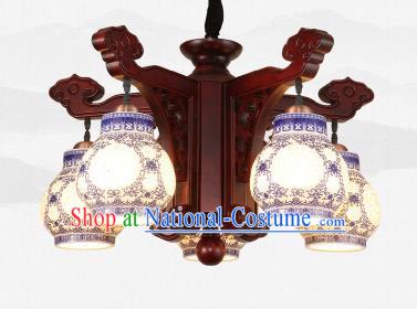 Traditional Chinese Five-Lights Ceiling Wood Palace Lanterns Handmade Porcelain Lantern Ancient Lamp