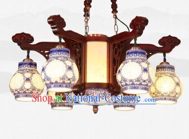 Traditional Chinese Six-Lights Ceiling Wood Palace Lanterns Handmade Porcelain Lantern Ancient Lamp