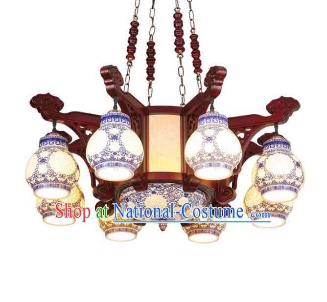 Traditional Chinese Eight-Lights Ceiling Wood Palace Lanterns Handmade Porcelain Lantern Ancient Lamp