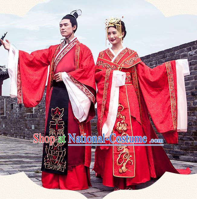 Ancient Chinese Tang Dynasty Wedding Costume Palace Bride and Bridegroom Embroidered Clothing Complete Set