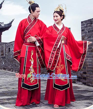 Chinese Ancient Han Dynasty Bride and Bridegroom Embroidered Costumes for Women for Men