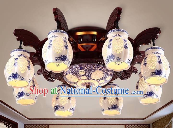 Traditional Chinese Painting Ceiling Palace Lanterns Handmade Eight-Lights Blue Porcelain Lantern Ancient Lamp