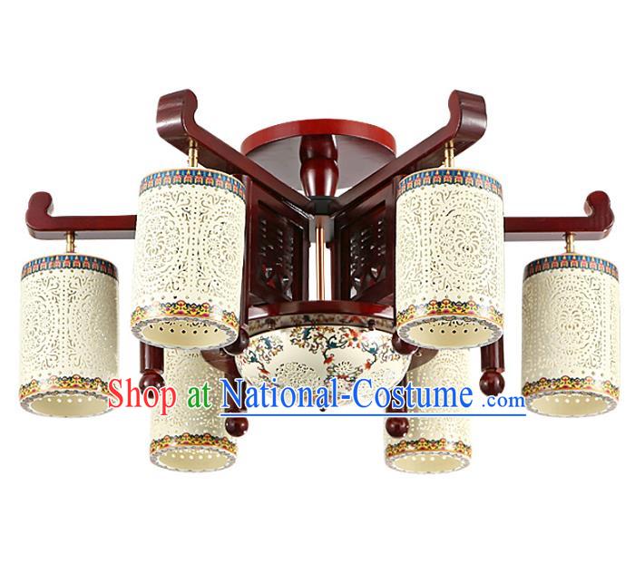 Traditional Chinese Porcelain Carving Hanging Ceiling Palace Lanterns Handmade Six-pieces Lantern Ancient Lamp