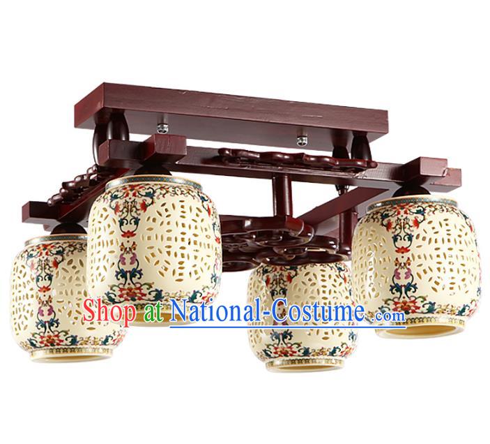 Traditional Chinese Porcelain Carving Hanging Ceiling Palace Lanterns Handmade Four-pieces Lantern Ancient Lamp